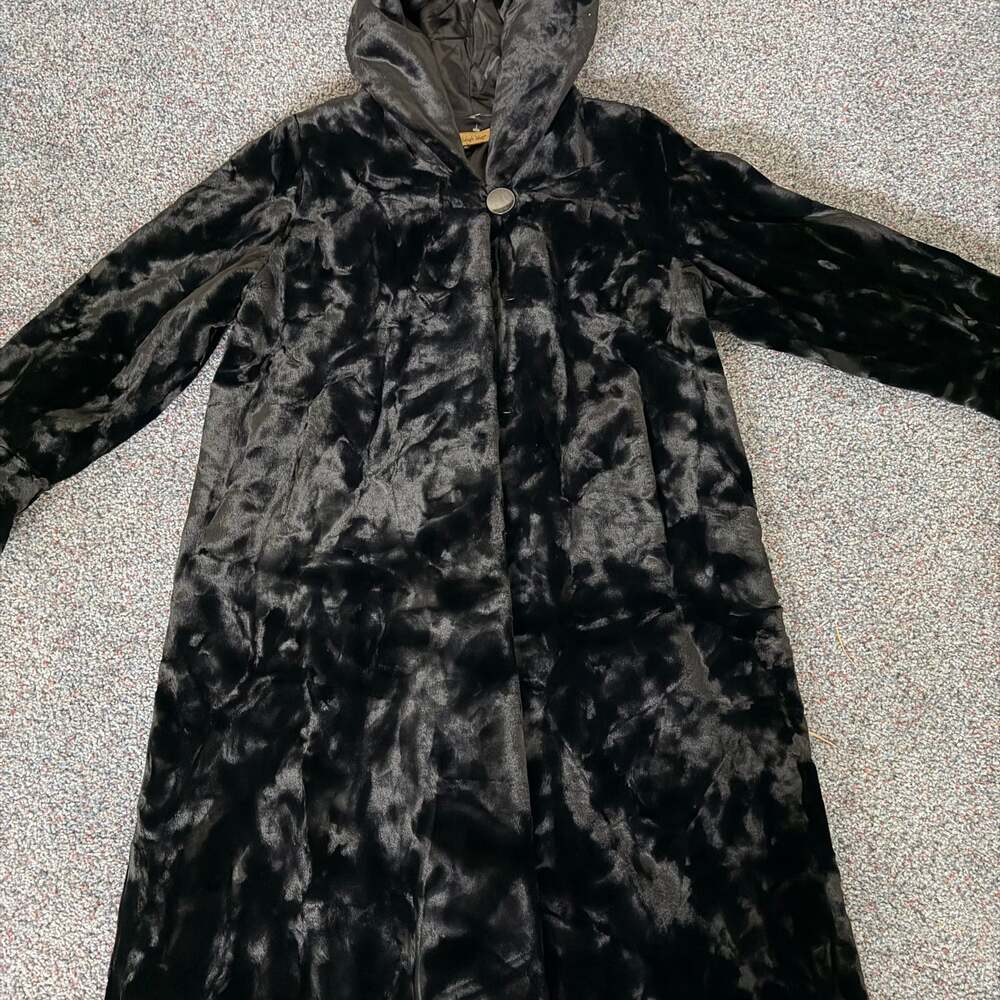 Vintage Black Faux Fur Coat Full Length With Hood Midnight Velvet